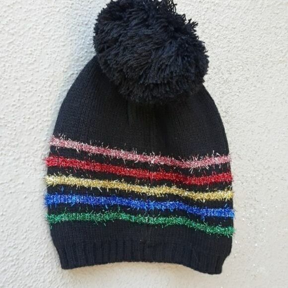 BETSY JOHNSON BLACK RAINBOW STRIPE POMPOM HAT $28. Nwt - Picture 2 of 8